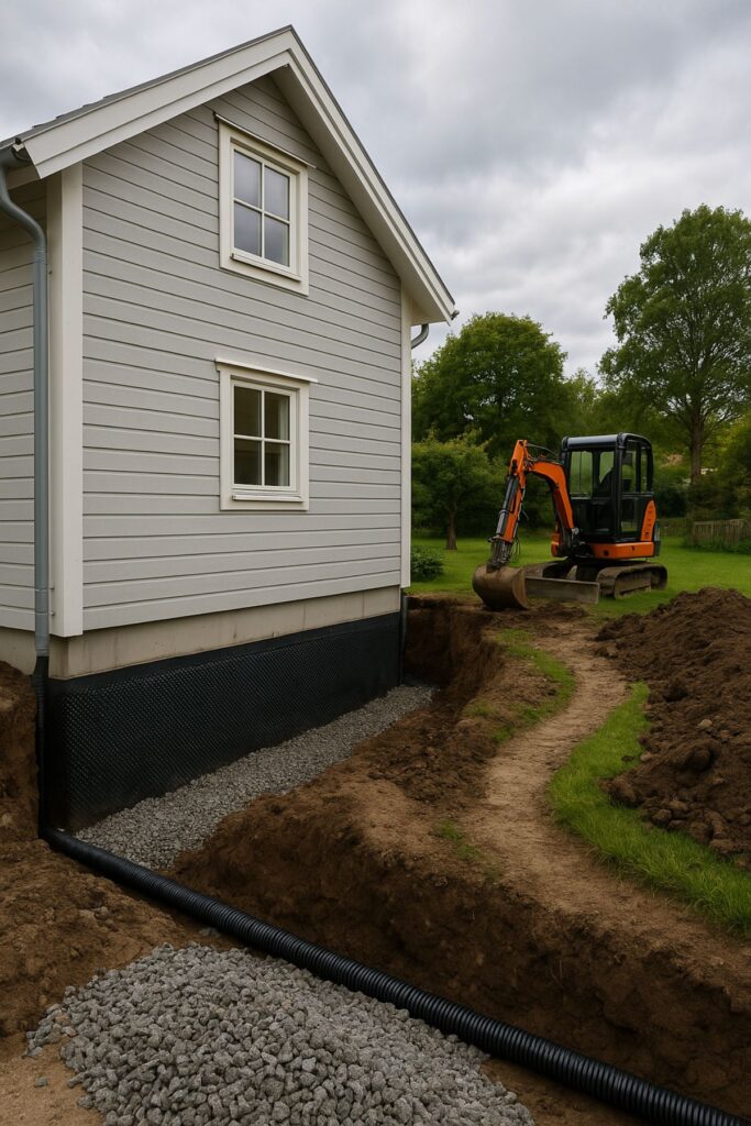 Översyn av dränering vid attefallshus med källare på grund av fuktskador, Trollhättan, Kronogården